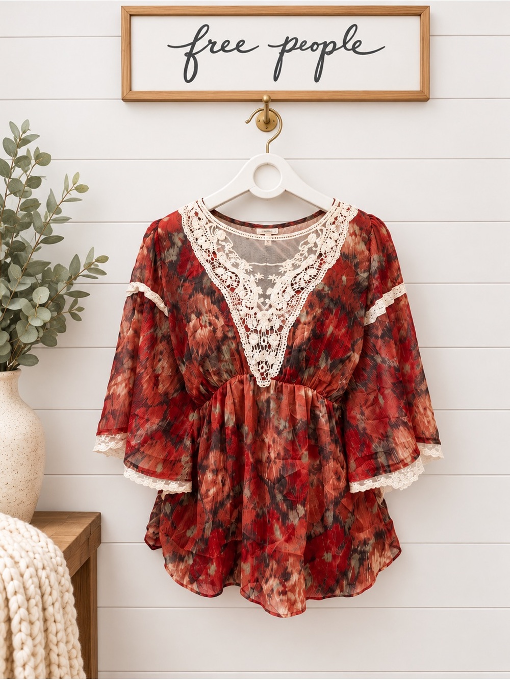 FREE PEOPLE Red Floral Lace Boho Blouse Size M